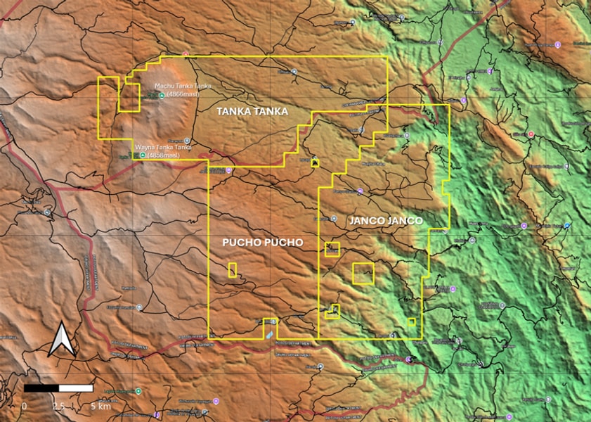 Shaded-relief elevation map of the Morococala concessions with the Tanka Tanka, Pucho Pucho and Janco Janco permit outlines in yellow