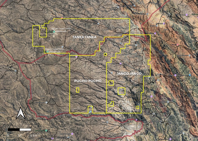 Satellite image of the Morococala concessions with the Tanka Tanka, Pucho Pucho and Janco Janco permit outlines in yellow