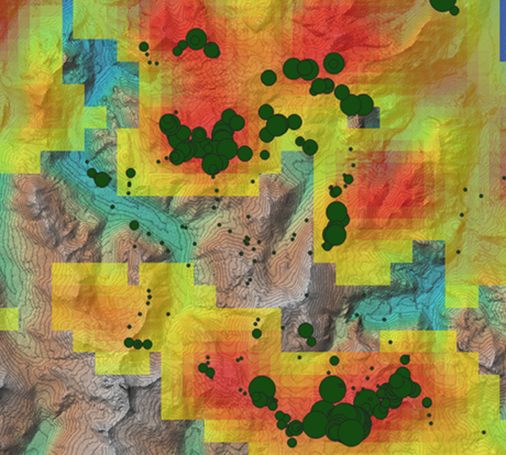 EleGrid prospectivity heat map over topographic contours, with predicted hotspots in red and sample localities shown as green circles