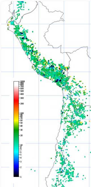 MLTq geochemistry grid: tens of thousands of sample points coloured by predicted value along the Andes from Peru through Bolivia, Chile and Argentina