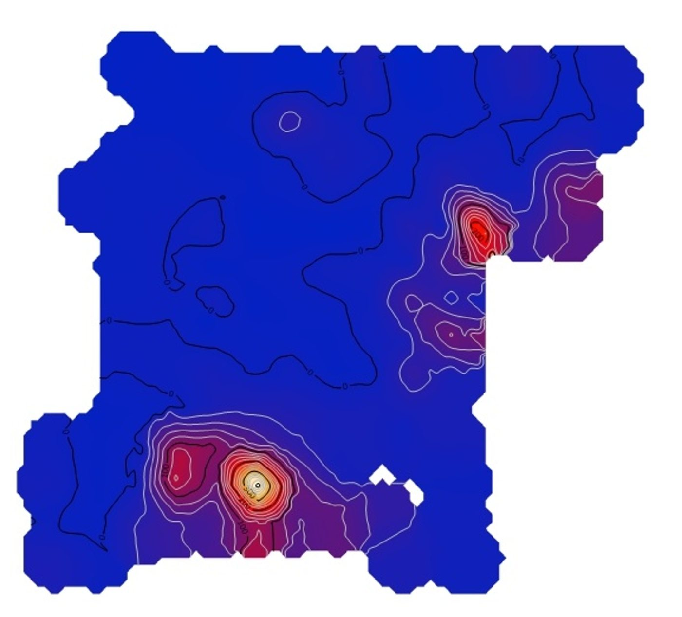 Combined MAD anomaly map of the Pumari soil grid, peaking over the southern target with a second high in the north-east