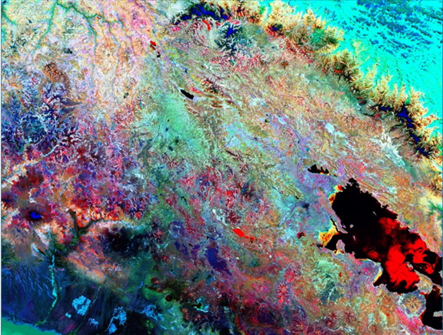 SatPro false-colour Landsat composite of the Altiplano, with Lake Titicaca at lower right and the Amazon lowlands at upper right